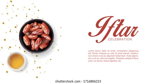 Diseño vectorial de plantilla de fondo de invitación de fiesta Iftar con 3d fechas planas realistas y almendra. Cartel del festival islámico eid mubarak. Cartel de vacaciones
