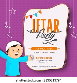 Iftar Party Invitation Card With Cheerful Islamic Boy Character And Event Details On White And Purple Dotted Background.