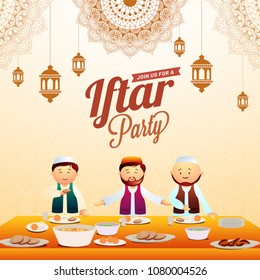 Iftar party invitation card desig with hanging lanterns, mandala floral pattersn, and muslim men enjoying iftar feast. 