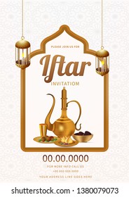 Iftar Party invitation card design with illustration of arabic jug, food and dates bowl on white arabic pattern background.