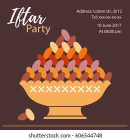 Iftar party Invitation Card design with Ramadan Food - Date fruit meal, and text template for muslim community