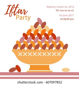 Iftar party Invitation Card design with Ramadan Food - Date fruit meal, and text template for muslim community.