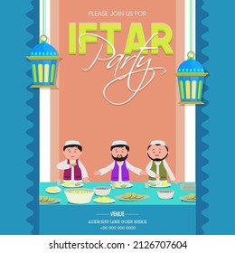 Iftar Party Invitation Card With illustration of muslim men enjoying delicious food.