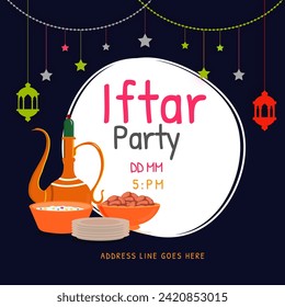 Iftar Party Invitation Card, Poster Design with Festival Elements, Event Details on White and Blue Background.