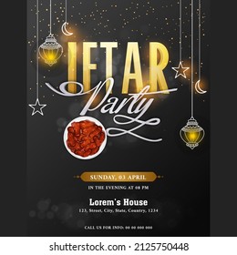 Iftar Party Invitation Card With Top View Of Dates In Bowl, Islamic Ornament Decorated On Black Lights Effect Background.