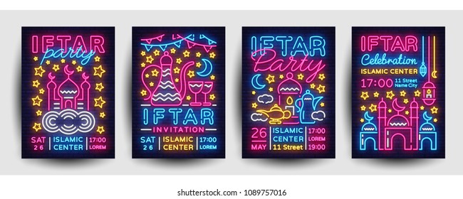 Iftar party invitation collection poster vector template design. Bright Islamic illustration card in modern trend neon style, Light banner, Celebration Islamic holiday Ramadan Kareem, Festive dinner Iftar party invitation collection poster vector template design. Bright Islamic illustration card in modern trend neon style, Light banner, Celebration Islamic holiday Ramadan Kareem, Festive dinner