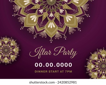 Iftar Party Invitation or Poster Design Decorated with Mandala Pattern in Dark Pink Color.