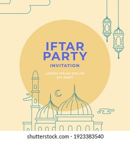 Iftar party invitation poster template design with mosque and lantern lamp monoline vector illustration