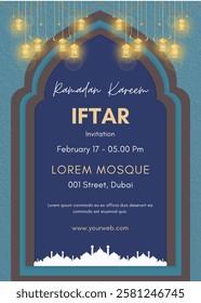 Iftar party invitation poster template with lantern for ramadan celebration. Ramadan Design vector illustration, islamic banner, flyer. Ramadan 2025.