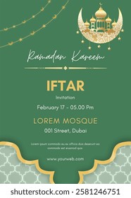 Iftar party invitation poster template for ramadan celebration. Ramadan Design vector illustration, islamic banner, flyer. Ramadan 2025.