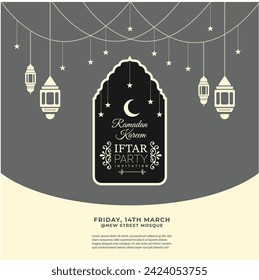 Iftar Party Invitation: Ramadan Mubarak Poster Design - Warmly Invite Guests to Your Festive Gathering with Elegant Islamic Artistry and Stylish Typography. Celebrate the Spirit of Ramadan!