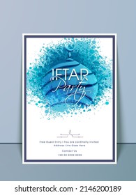 Iftar Party Invitation Template Layout With Creative Mosque And Blue Color Splash Effect On White Background.