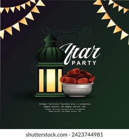 Iftar Party invitation. Text translation: Generous Ramadan. Greeting banner (Ramadan Kareem) with ancient lantern (fanoos) and dried dates. Vector.