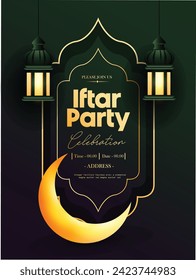 Iftar Party invitation. Text translation: Generous Ramadan. Greeting banner (Ramadan Kareem) with ancient lantern (fanoos) and dried dates. Vector.