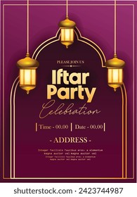 Iftar Party invitation. Text translation: Generous Ramadan. Greeting banner (Ramadan Kareem) with ancient lantern (fanoos) and dried dates. Vector.