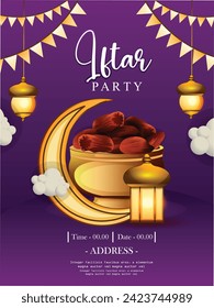Iftar Party invitation. Text translation: Generous Ramadan. Greeting banner (Ramadan Kareem) with ancient lantern (fanoos) and dried dates. Vector.
