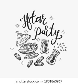 Iftar party. Lettering. Ramadan Kareem (islamic blessed month) vector illustration. Islamic food, Middle Eastern meal, dates fruit, water or coffee mug. 