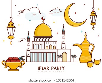Iftar party line style design with mosque and date palm