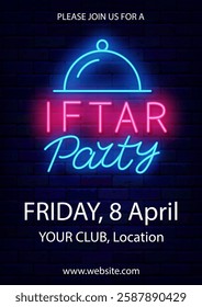 Iftar party neon invitation. Vertical flyer. Ramadan holiday. Eid Mubarak. Arabian design. Vector stock illustration