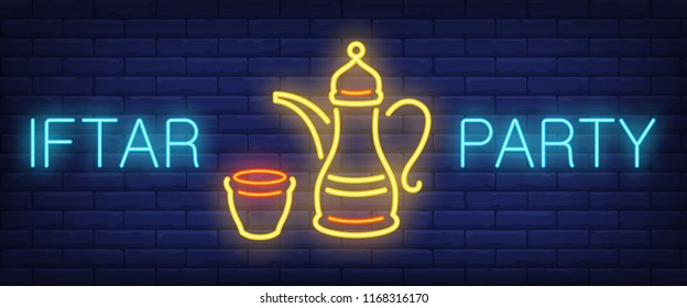 Iftar party neon sign. Glowing lettering and oriental tea pot and cup on brick background. Night bright advertisement. Vector illustration in neon style for religion and traditional Islamic holiday