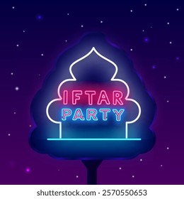 Iftar party neon street billboard. Ramadan Kareem. Islamic religious holiday. Vector stock illustration