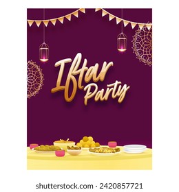 Iftar Party Poster or Template Design with Delicious Meals on DIning Table and Illuminated Lamps Hang.