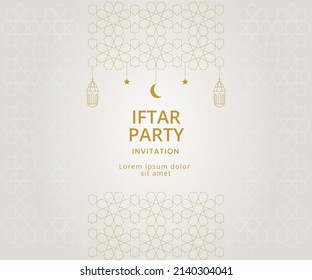 Iftar Party Ramadan Invitation poster template design with crescent and lantern monoline vector illustration