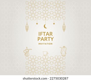 Iftar Party Ramadan Invitation poster template design with crescent, teapot, cup and lantern monoline vector illustration