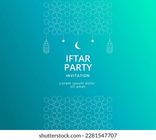 Iftar Party Ramadan Invitation poster template design with crescent and lantern monoline vector illustration