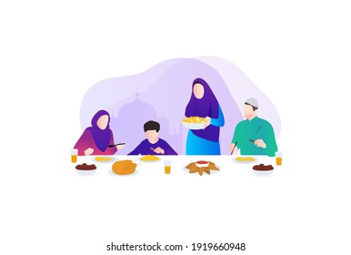 Iftar party. Ramadan Kareem. Family eating. Vector