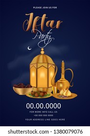 Iftar Party template or invitation card design with illuminated lantern, food, dates and arabic jug illustration on blue background.