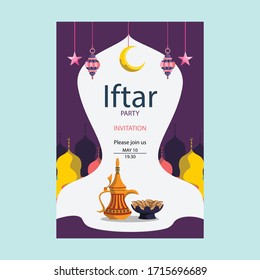 iftar party use a deep purple with white organic shapes, colorful mosques, Arabic coffee and dates
