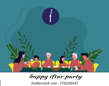 Iftar Party With Whole Familly In Ramadhan Vector Illustration Flat Design, Eid Mubarak And Eid Al Fitr Template Ui, Buka Puasa In Ramadan Kareem, Selamat Idul Fitri And Aidilfitri, Stay At Home