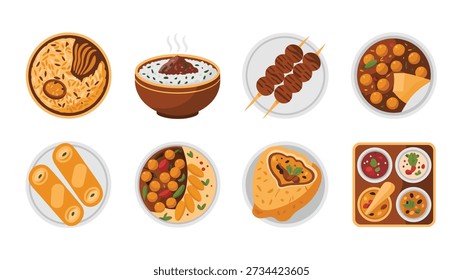 Ícones de bandeja de iftar, tigela de kofta de carne, espeto kebab, rolos de primavera, doces variados, prato de jantar, conjunto de vetores de comida de celebração do Ramadã