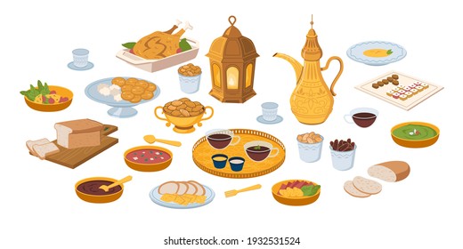 Iftar, ramadan banner with food and drinks eating isolated set, flat cartoon. Vector ftoor muslims evening meal at sunset. Eid mubarak, Ramazan Kareem meal, bread, fruits and vegetables, holy lamp