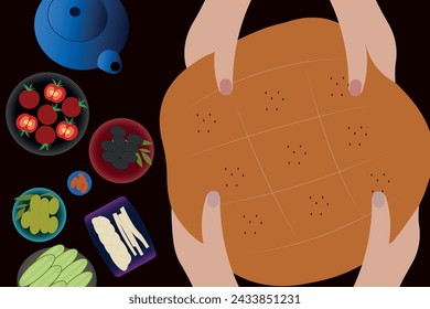 Iftar, ramadan banner with iftar food, flat cartoon vector. Muslims evening meal at sunset. Eid mubarak, Ramadan Kareem meal, pita bread and vegetables. Hands holding pita bread.