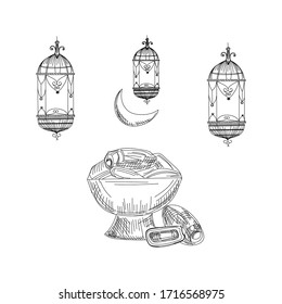 Iftar ramadan with hand drawn islamic illustration of dates and lightings