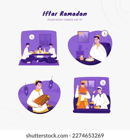 Iftar Ramadan illustration on labels set