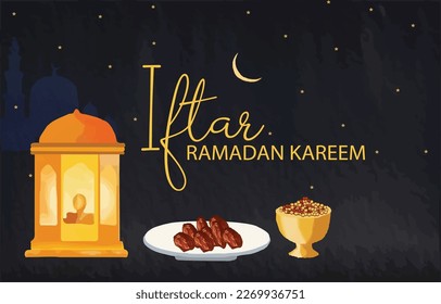 Iftar Ramadan Kareem card design with watercolor lamp moon stars dates plate vector illustration