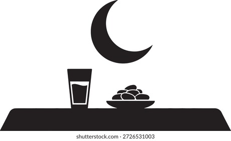 Silueta de mesa de Iftar con tazones de dátiles, vidrio de agua y luna creciente para Ramadán Kareem y Diseños de celebración de ayuno