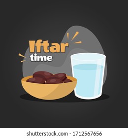 Iftar Time with Date Palm Fruits and Water Illustration. Ramadan Kareem. Ramadan Mubarak - EPS 10 Vector