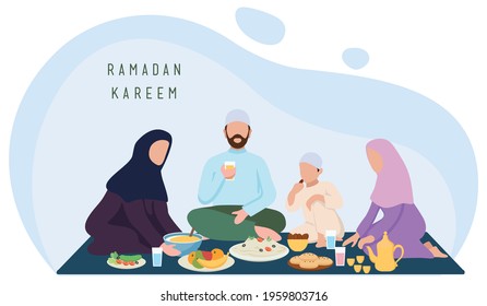 Iftar time with Family during Ramadan month, muslim family. Ramadan Fasting vector illustration. 