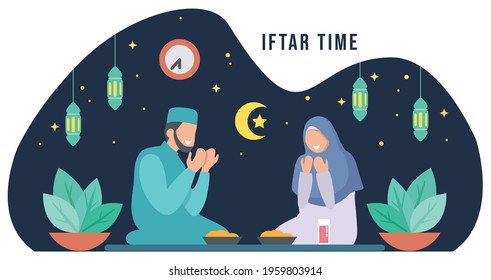 Iftar time with Family during Ramadan month, muslim family. Ramadan Fasting vector illustration. 