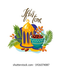 Iftar Time Lettering. Ramadan Kareem (islamic Blessed Month) Vector Illustration. Islamic Food, Middle Eastern Lantern, Dates Fruit, Palm Leaves. 