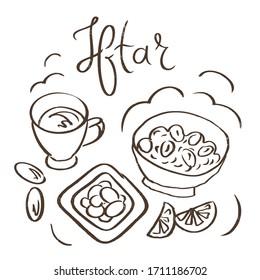 Iftar vector illustration. Traditional islamic food on Ramadan. Coffee, Tea cup, dates fruit, halal meat. Arabic meal. Ramadan table. 