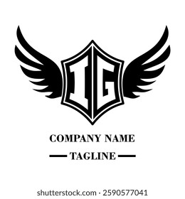 IG bold shield logo with wings, customizable with letters A to Z. Perfect for brands seeking a powerful symbol of strength, freedom, and ambition