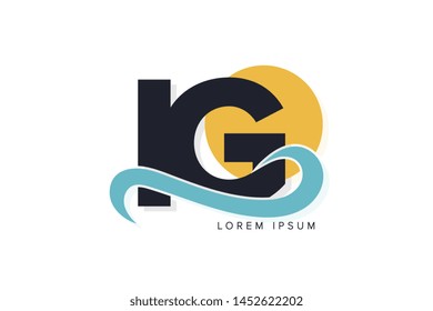IG letter logo with ocean waves and sunset. Beach concept design