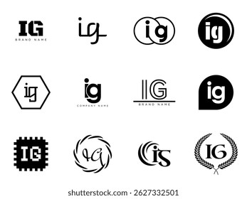 IG logo company template. Letter i and g logotype. Set different classic serif lettering and modern bold text with design elements. Initial font typography. Collection trendy business identity.