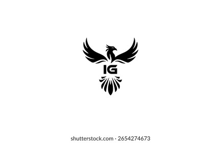 IG Phoenix Logo Design moderno emblema de pájaro negro con alas y cola de fuego