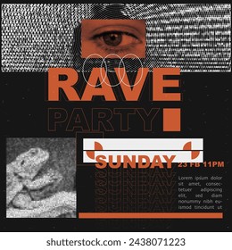 IG post template of rave party template. With halftone elements eye and sky and Iguannas . Orange and white  and black colors. Grunge trendy collage design. Vector art